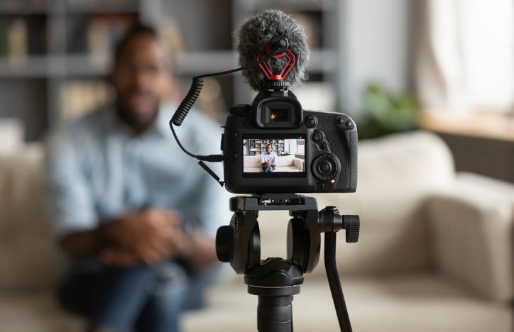 Man Recording Vlog Close Up Of Digital Camera Screen